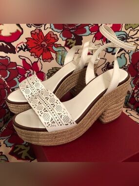 Tory Burch White Laser-Cut Espadrille Platform Sandals
